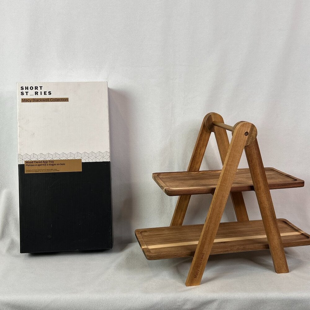 Macy Blackwell Short Stories Wood Tiered Appetizer Tray 2-Tier Serving Stand NIB